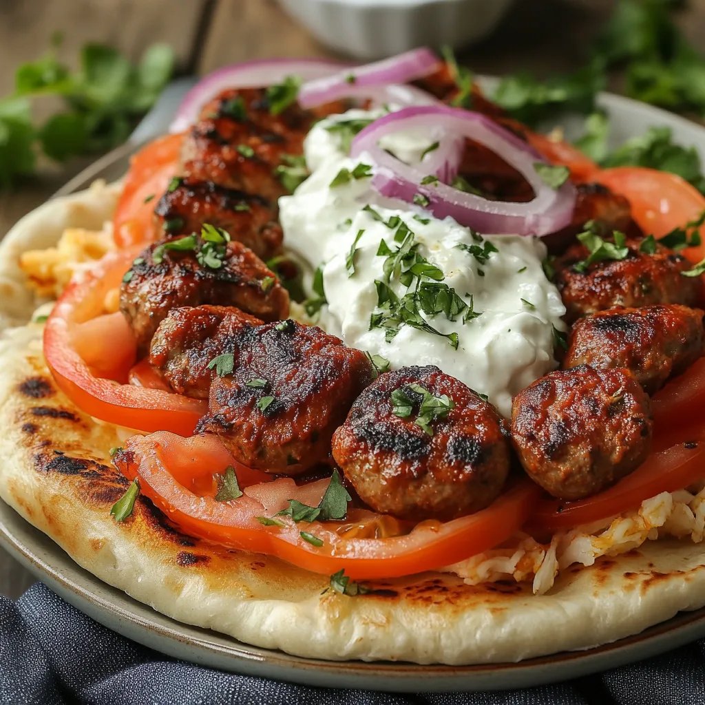 Tomaten-Kritharaki mit veganen Cevapcici und Tzatziki