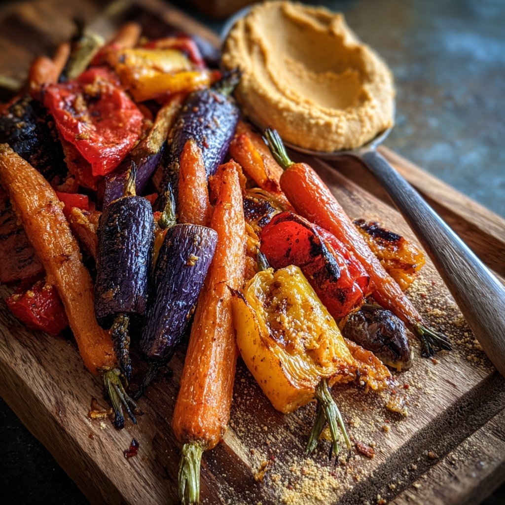 Geroestetes Gemüse und Hummus Teller