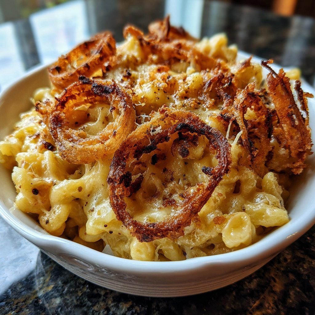 Käsespätzle mit gebratenen Zwiebelringen